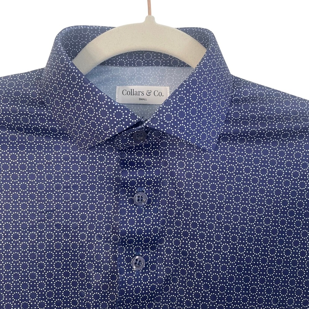 NEW Collars & Co Polo Shirt Mens Small Blue White Dot Dress Collar Golf Buttons‎